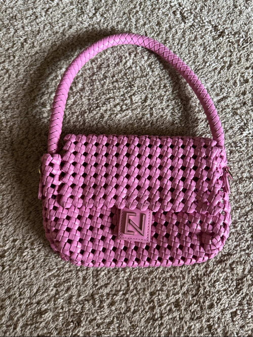Braided Pink Shoulder Bag with Signature Square Logo